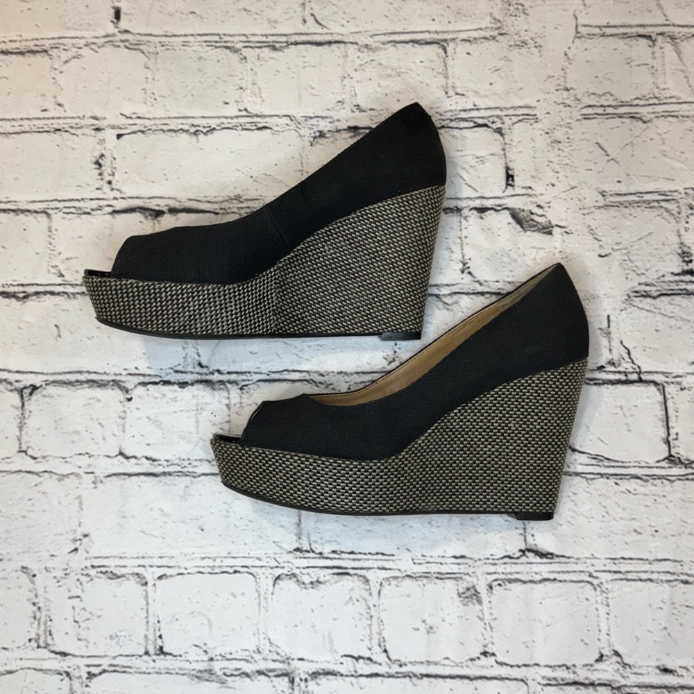 Nine West Black and Tan Wedge Peep-Toe Shoes